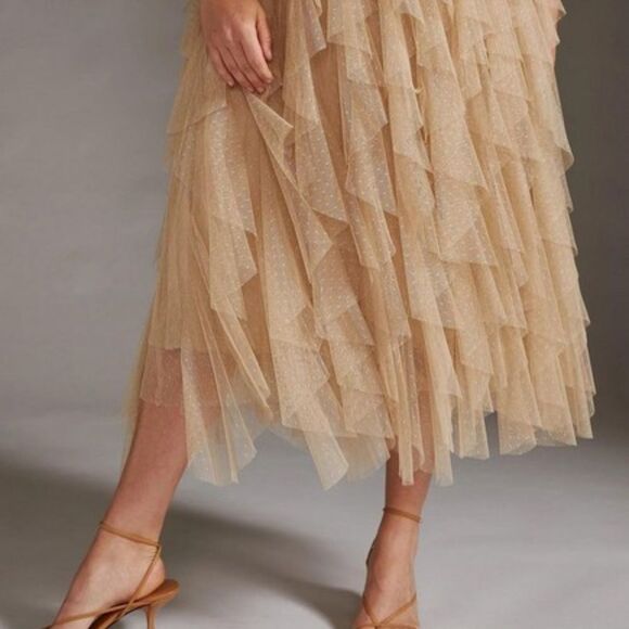 Anthropologie The Cheri Ruffled Tulle Midi Skirt in Beige NWOT - Picture 3 of 6